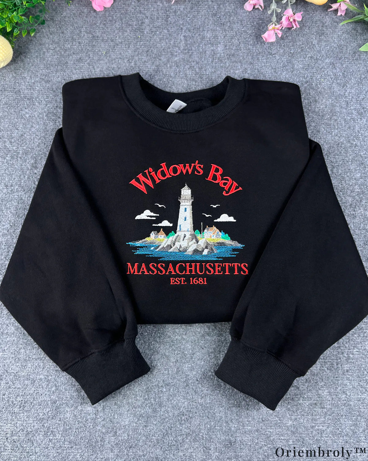 Widow's Bay Massachusetts Coastal Lighthouse Embroidered Black Sweatshirt