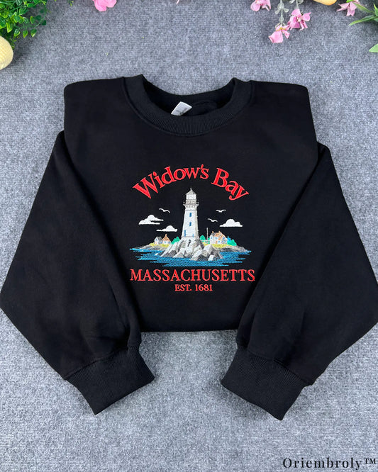 Widow's Bay Massachusetts Coastal Lighthouse Embroidered Black Sweatshirt