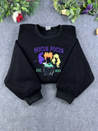 Witch Sisters Magic Cauldron Hair Embroidered Black Crewneck Sweatshirt