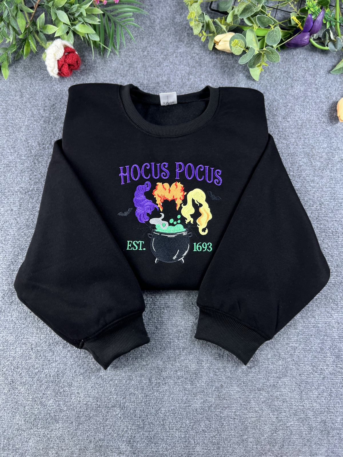 Witch Sisters Magic Cauldron Hair Embroidered Black Crewneck Sweatshirt
