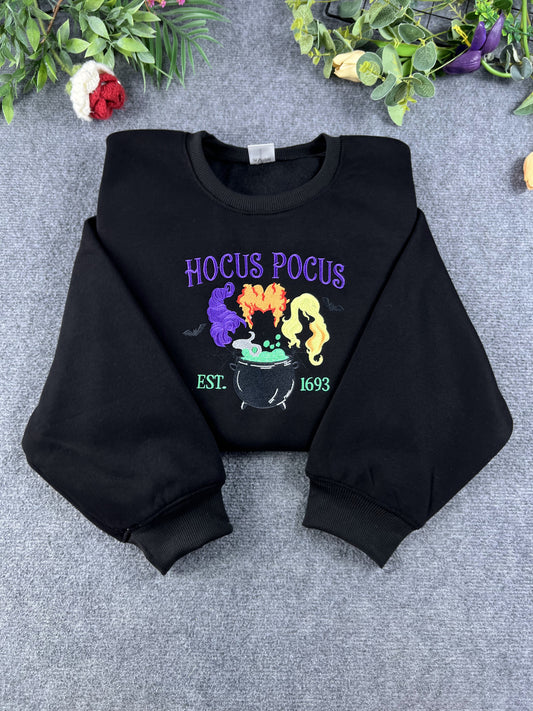 Witch Sisters Magic Cauldron Hair Embroidered Black Crewneck Sweatshirt