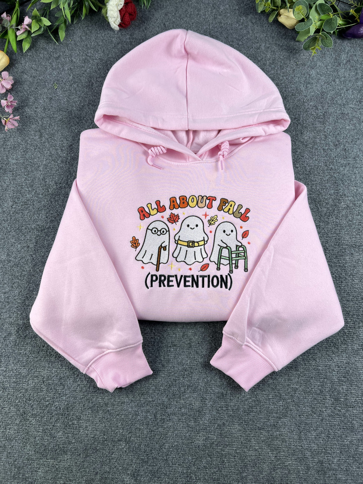 All About Fall Prevention Cute Ghost Nurse Embroidered Pink Hoodie