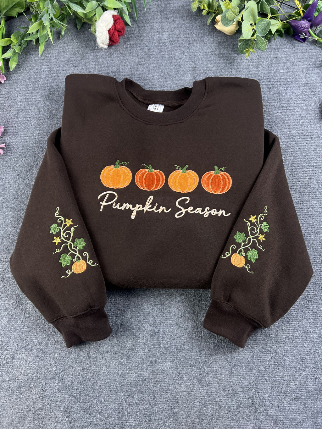 Pumpkin Season Row Pumpkin Vine Sleeve Embroidered Chocolate Brown Sweatshirt