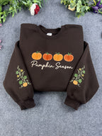 Pumpkin Season Row Pumpkin Vine Sleeve Embroidered Chocolate Brown Sweatshirt