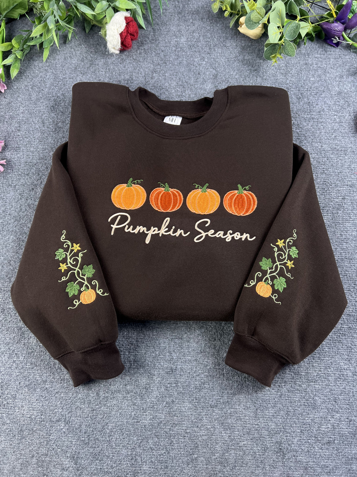 Pumpkin Season Row Pumpkin Vine Sleeve Embroidered Chocolate Brown Sweatshirt