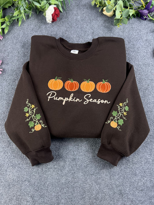 Pumpkin Season Row Pumpkin Vine Sleeve Embroidered Chocolate Brown Sweatshirt