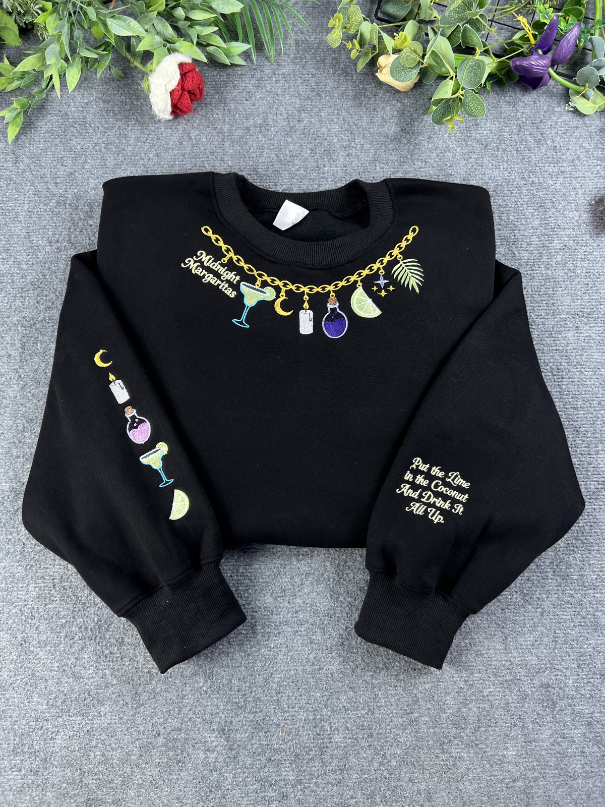 Midnight Margaritas Magic Charm Necklace Embroidered Black Sweatshirt
