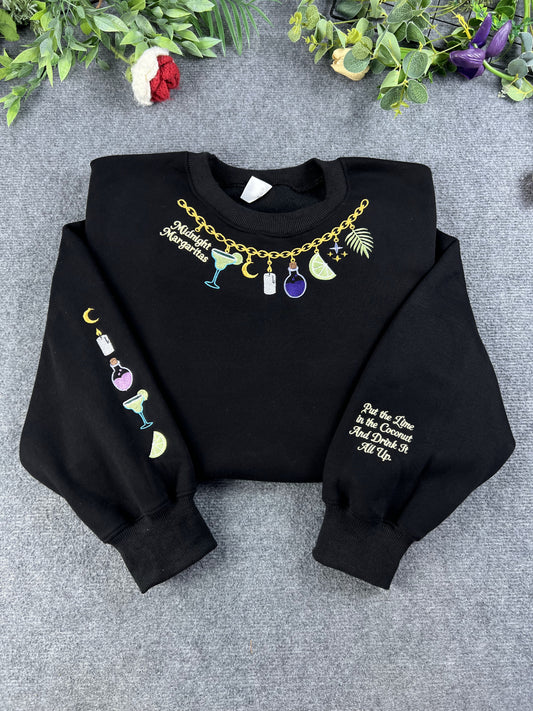 Midnight Margaritas Magic Charm Necklace Embroidered Black Sweatshirt