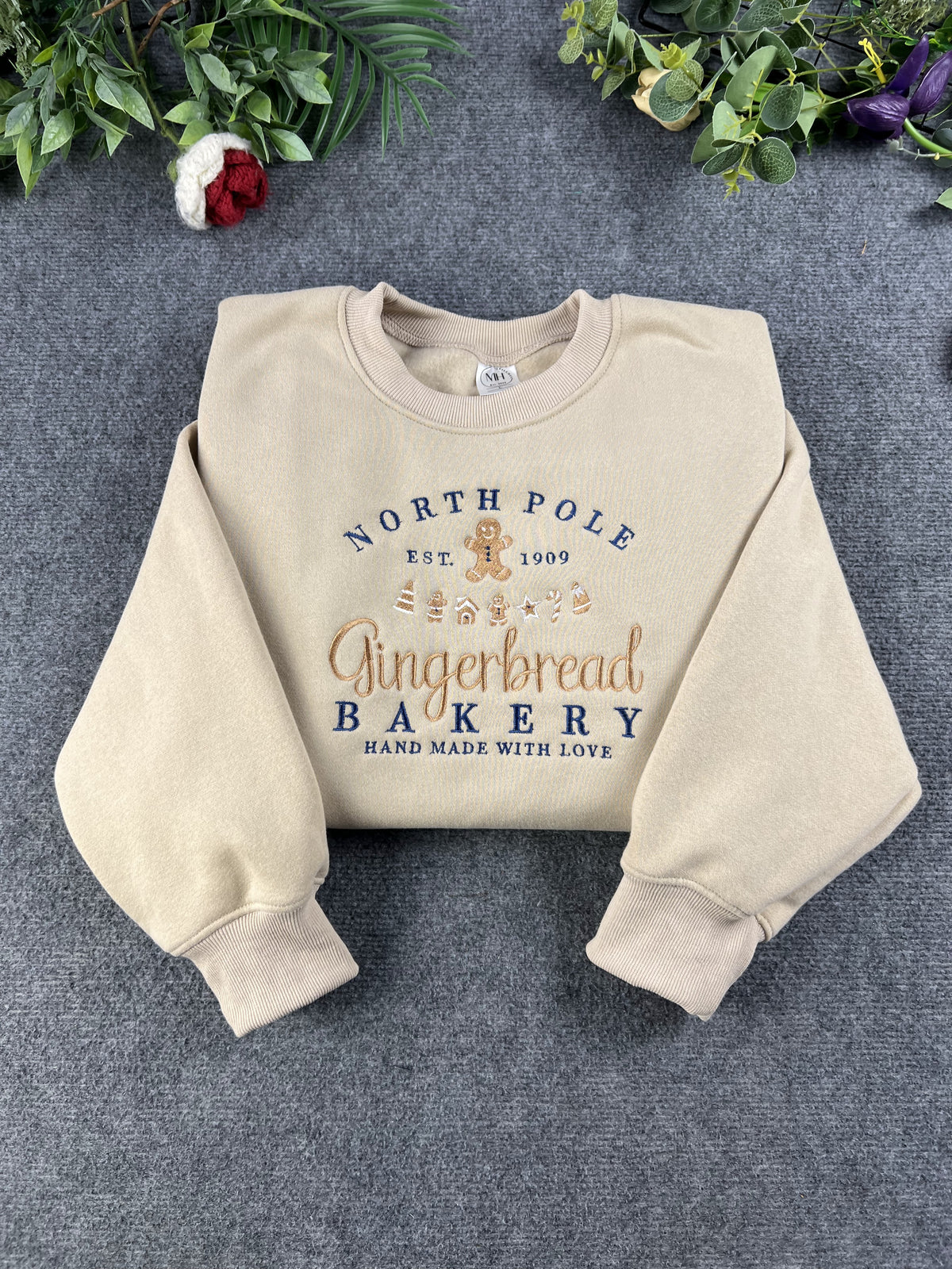 North Pole Gingerbread Bakery Holiday Embroidered Beige Crewneck Sweatshirt