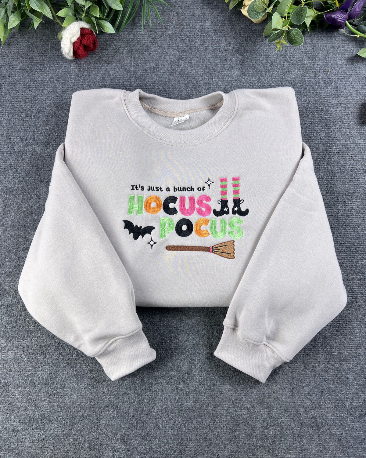 Bunch Of Hocus Pocus Witch Broom Embroidered Light Grey Sweatshirt
