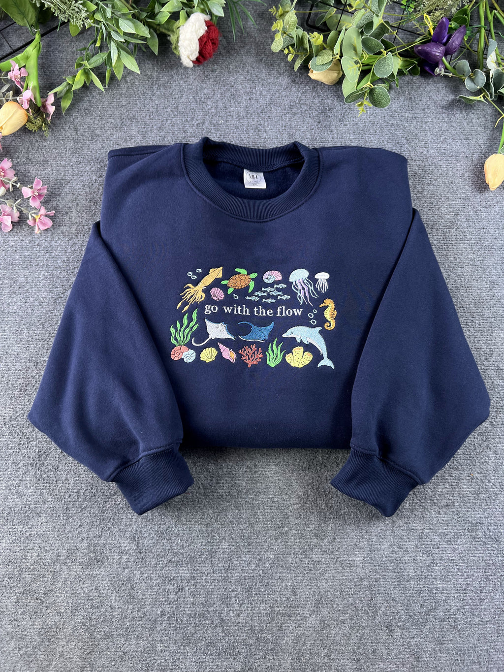 Go With The Flow Ocean Marine Life Embroidered Crewneck Sweatshirt