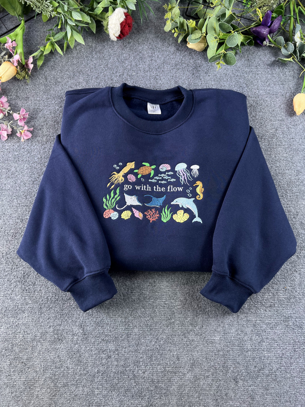 Go With The Flow Ocean Marine Life Embroidered Crewneck Sweatshirt