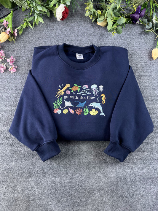 Go With The Flow Ocean Marine Life Embroidered Crewneck Sweatshirt