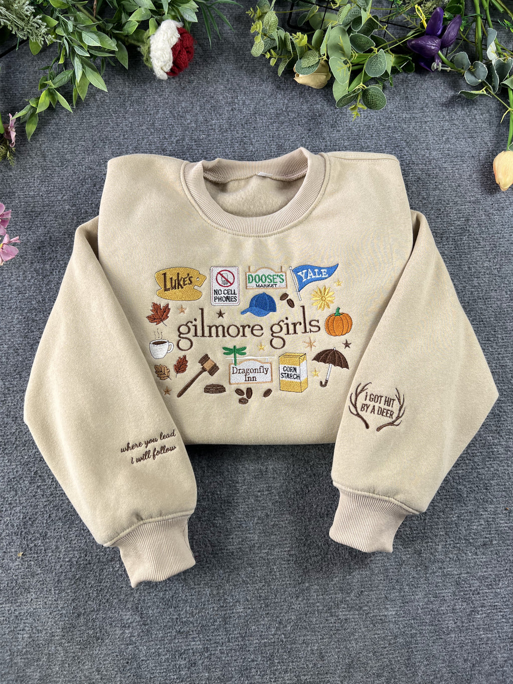 Where You Lead Deer Antler Sleeve Diner Sign Embroidered Beige Sweatshirt