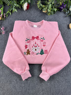 Fairytale Castle Pink Bow Ribbon Gingerbread Embroidered Sweatshirt