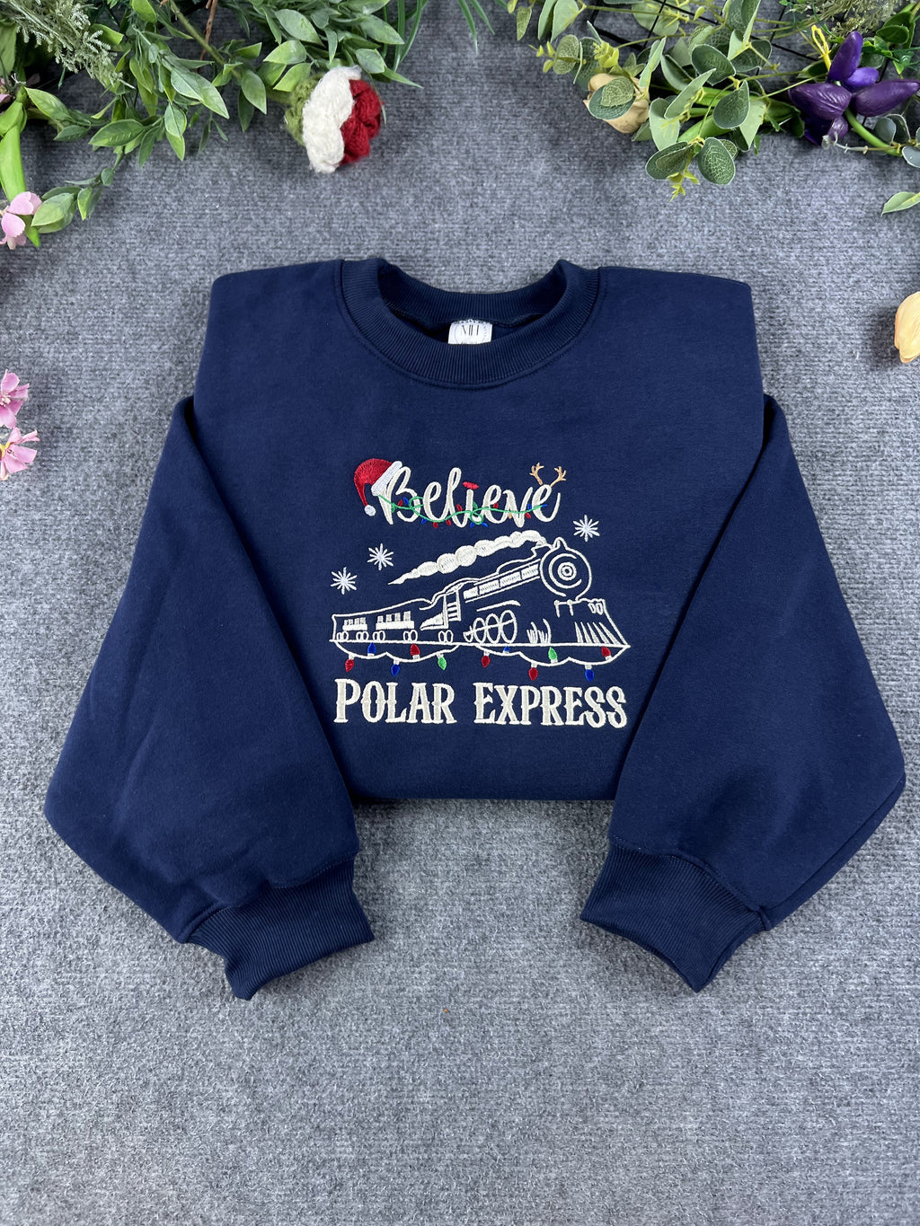 Believe Holiday Christmas Steam Train Lights Embroidered Navy Sweatshirt
