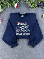 Believe Holiday Christmas Steam Train Lights Embroidered Navy Sweatshirt