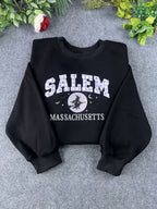 Salem Massachusetts Purple Plaid Varsity Flying Witch Embroidered Sweatshirt