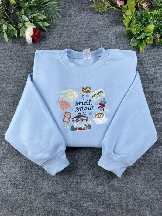 I Smell Snow Gazebo Coffee Antiques Embroidered Light Blue Sweatshirt