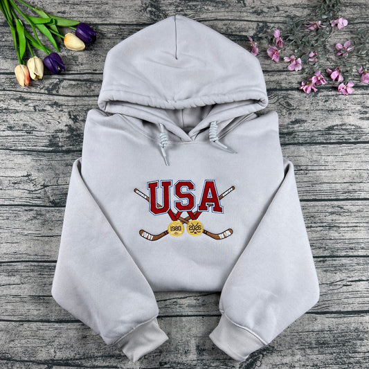 USA Miracle on Ice Anniversary Embroidered Hockey Hoodie – Patriotic Vintage Hockey Sweatshirt