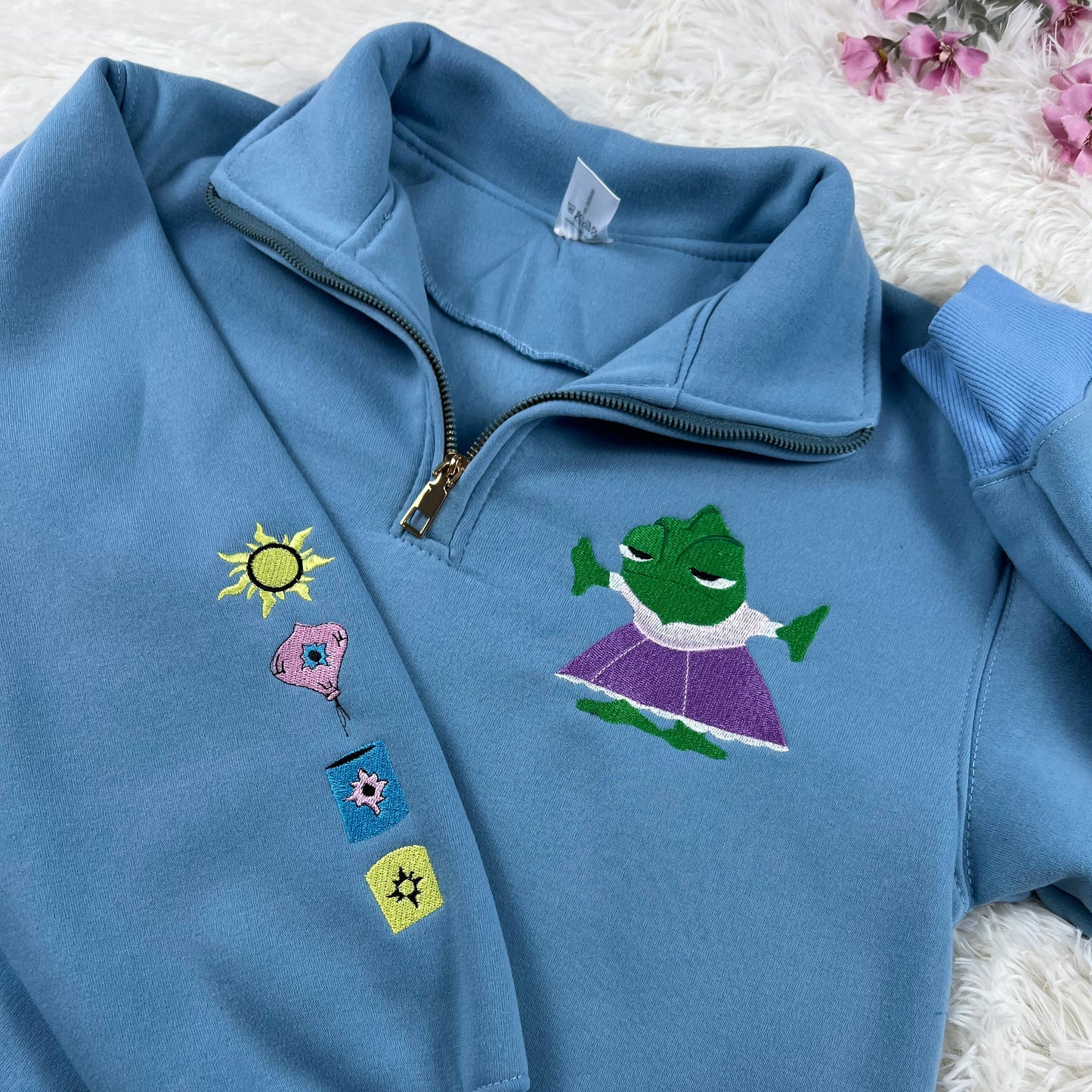 Vintage Grumpy Frog Embroidered Quarter-Zip Fleece Sweatshirt – Retro Meme Crewneck