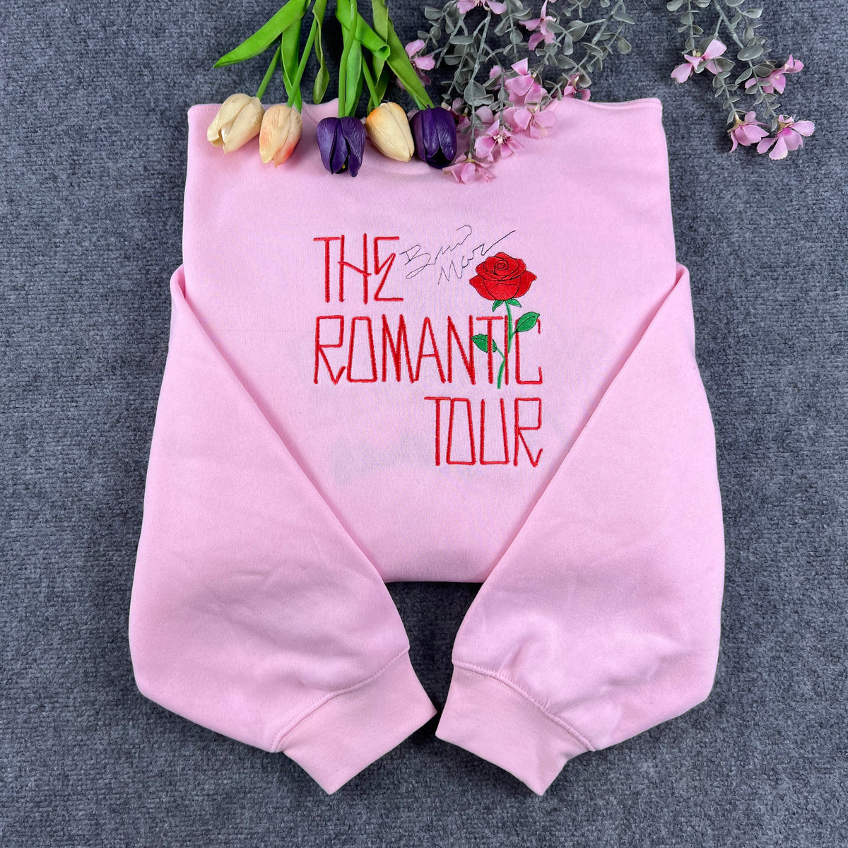 Romantic Tour Rose Embroidered Pink Crewneck Sweatshirt – Retro Pop Fan Gift