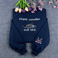 Stupid Canadian Wolf Bird Embroidered Navy Crewneck – Folk Song Fan Sweatshirt