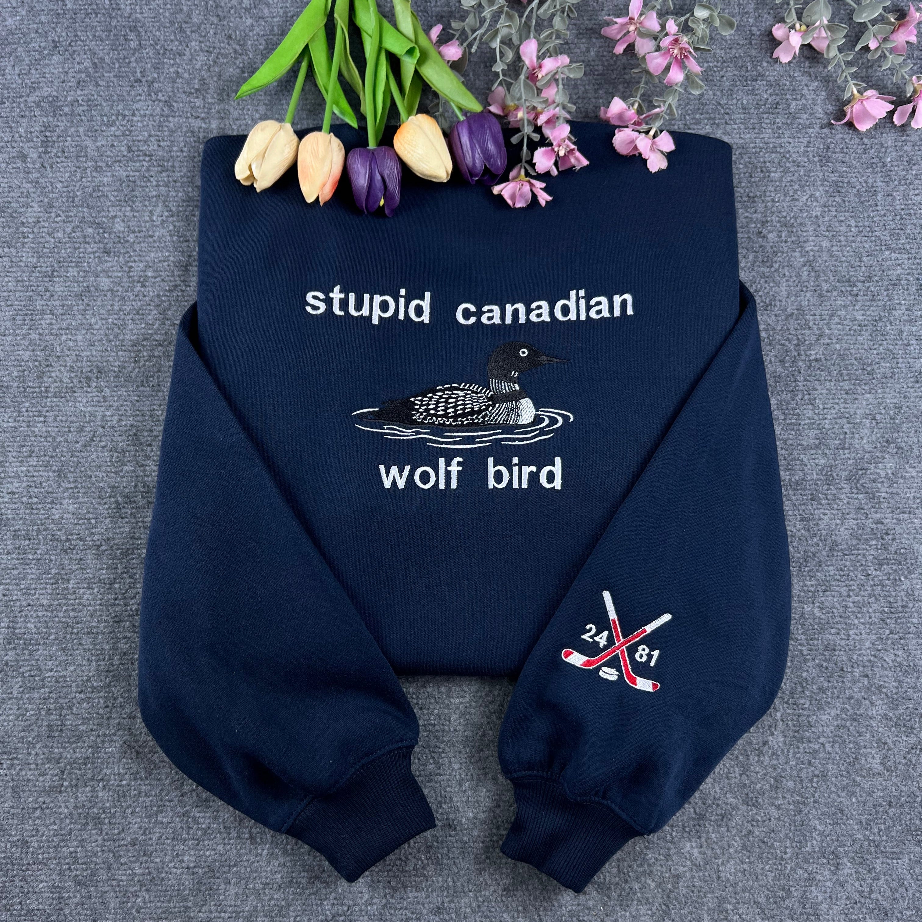 Stupid Canadian Wolf Bird Embroidered Navy Crewneck – Folk Song Fan Sweatshirt