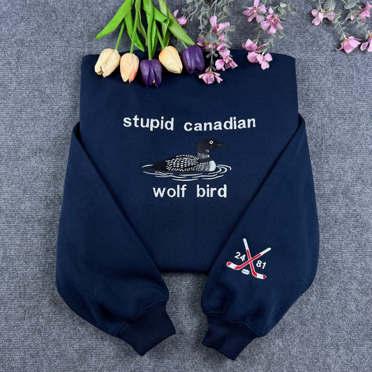 Stupid Canadian Wolf Bird Embroidered Navy Crewneck – Folk Song Fan Sweatshirt