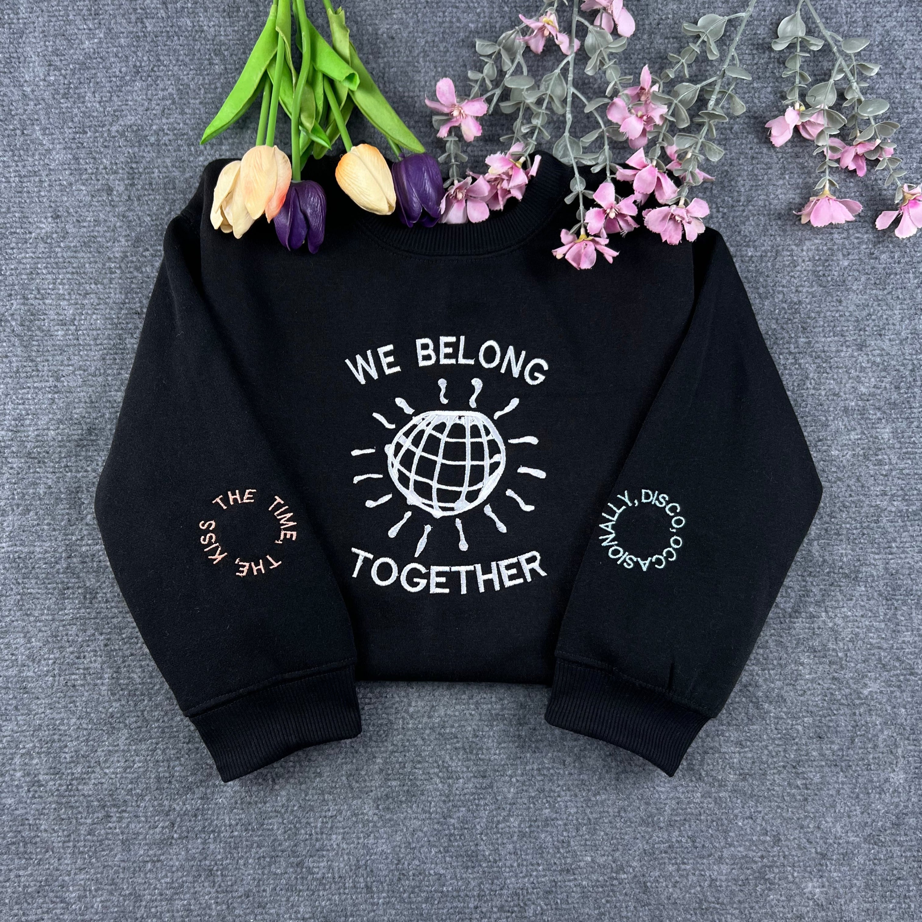 Satellite “We Belong Together” Embroidered Crewneck – Cosmic Music Inspired Sweatshirt