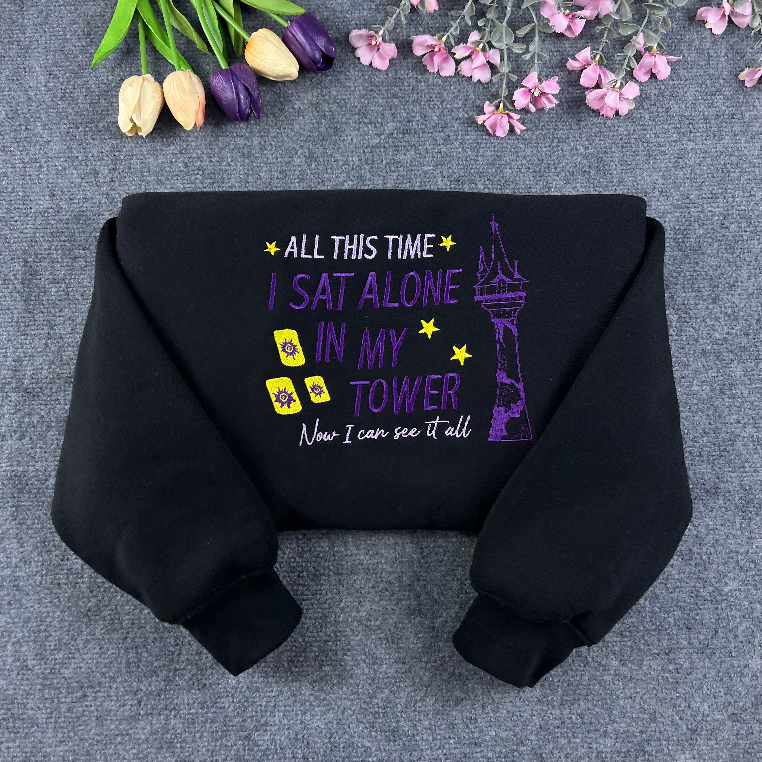 Tower Lantern Embroidered Sweatshirt – “All This Time I Sat Alone in My Tower” Crewneck