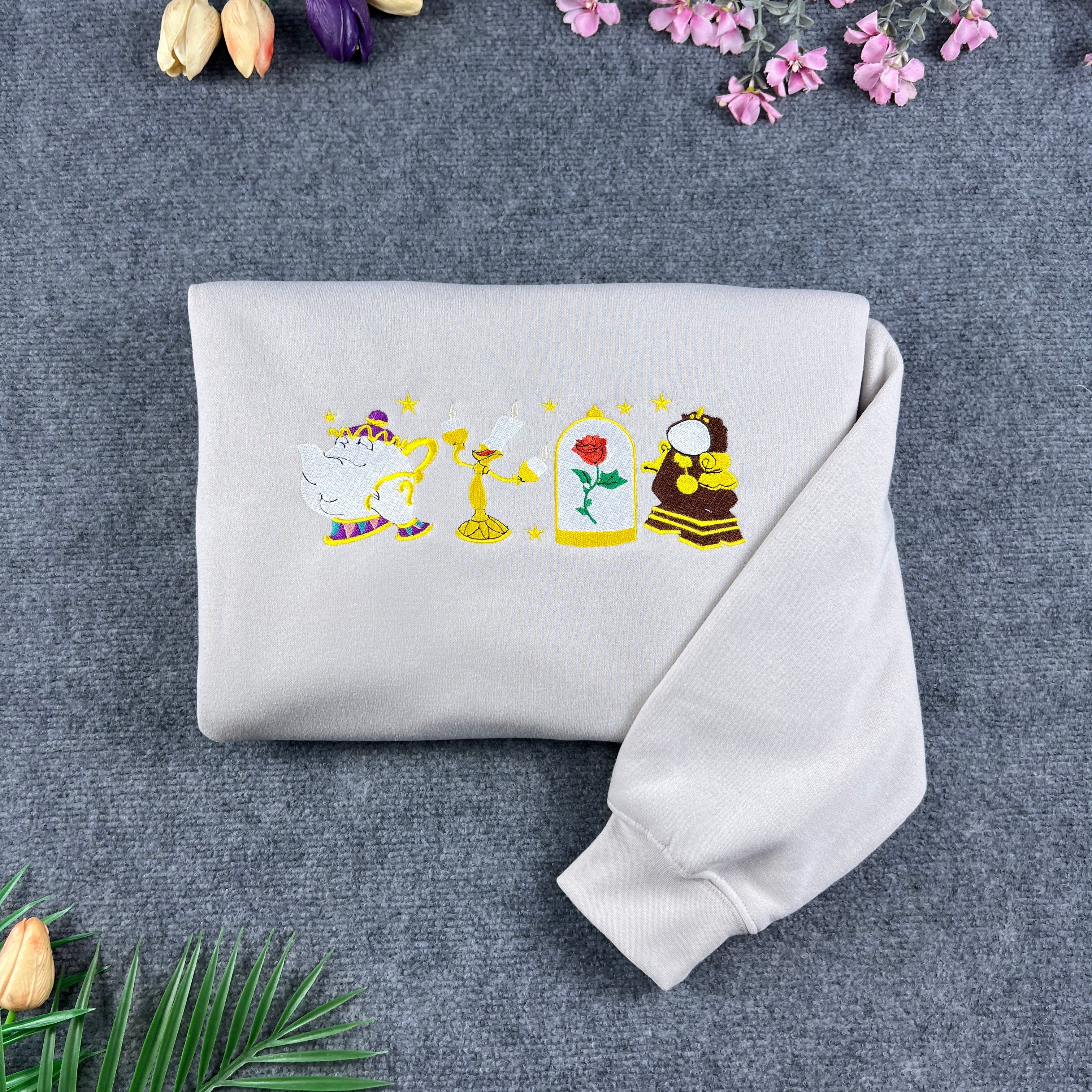 Enchanted Rose & Magical Objects Embroidered Crewneck – Fairytale Inspired Sweatshirt