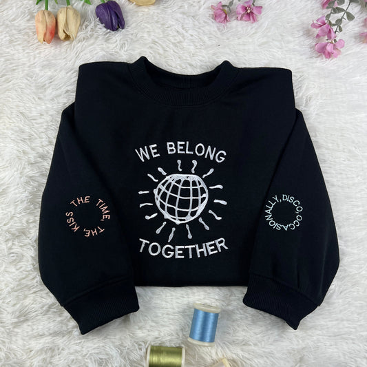 Satellite “We Belong Together” Embroidered Crewneck – Cosmic Pop Lyric Sweatshirt