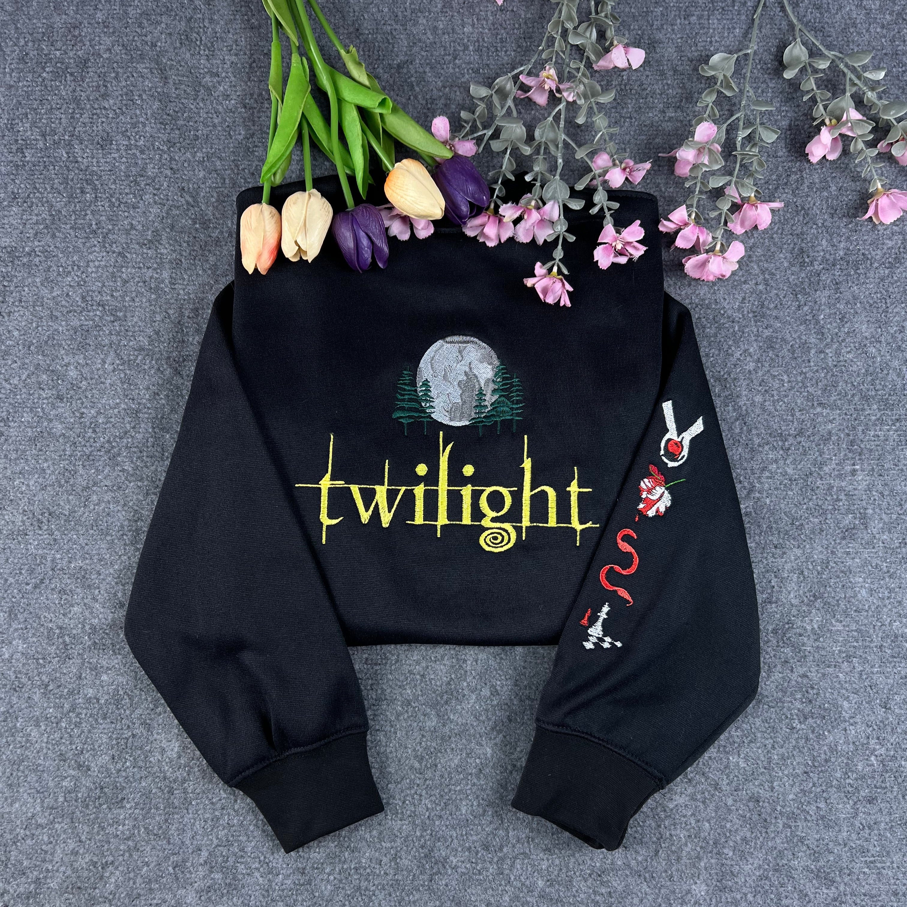 Moon & Apple Symbols Embroidered Black Crewneck – Vampire Romance Inspired Sweatshirt