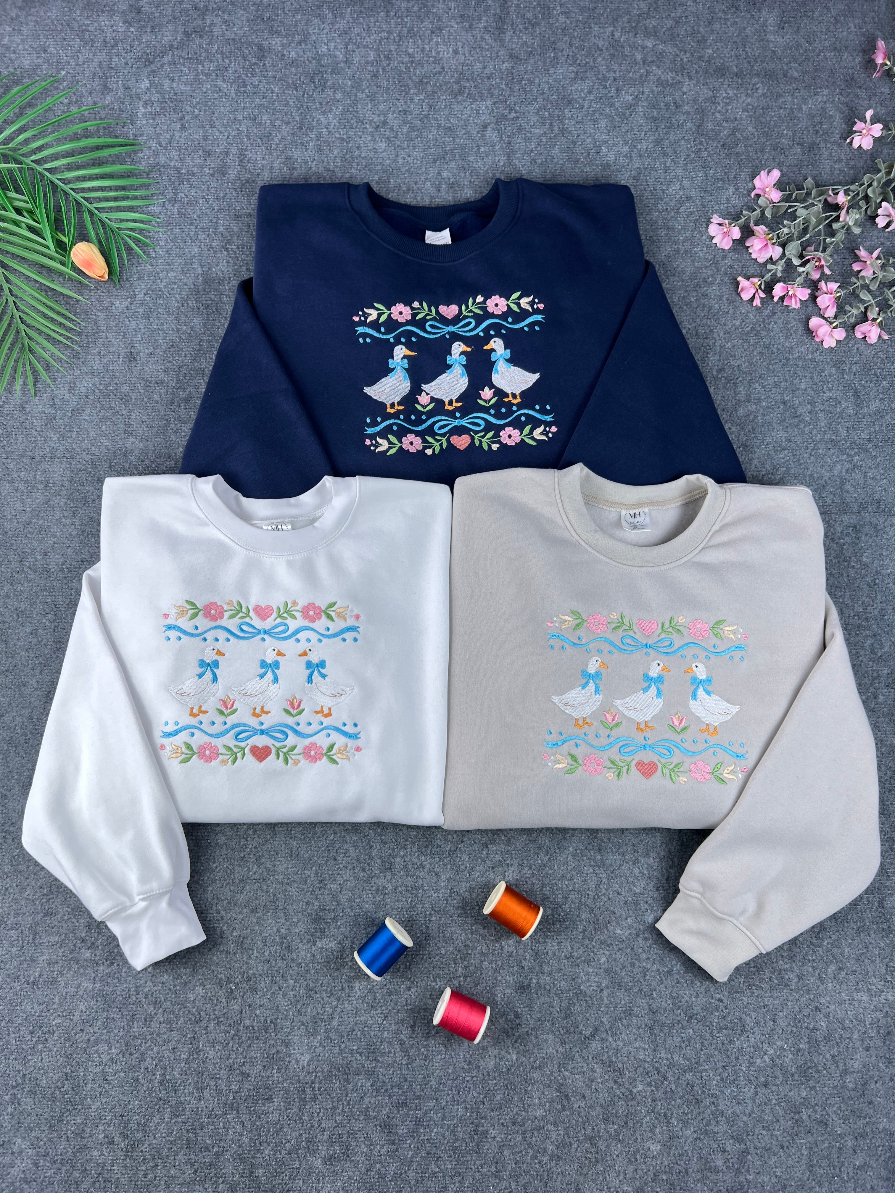 Vintage Duck Embroidered Sweatshirt – Cottagecore Floral Crewneck Gift