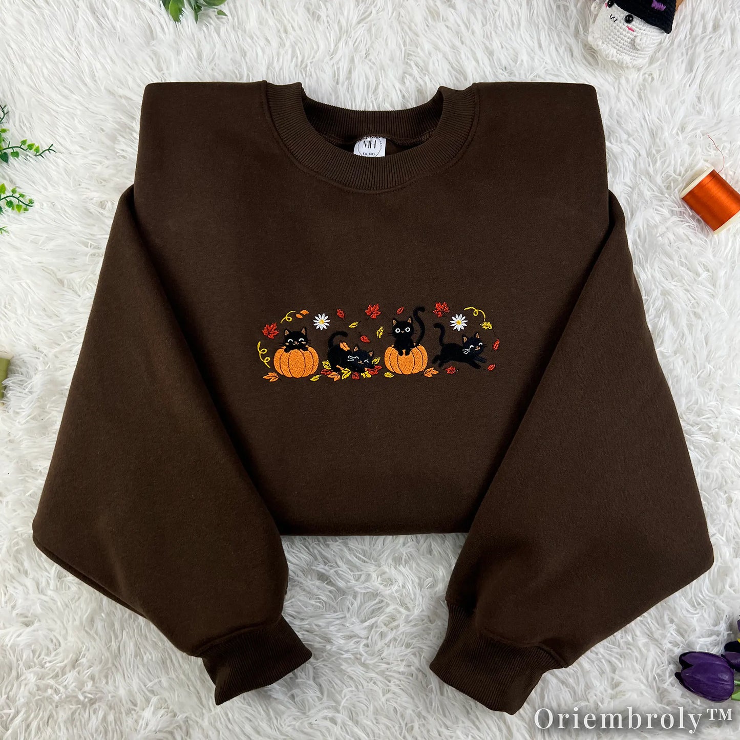 Spooky Season Black Cat Embroidered Sweatshirt – Cozy Fall Crewneck
