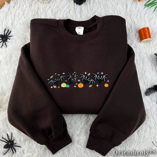 Woodland Halloween Embroidered Sweatshirt – Vintage Bat & Pumpkin Crewneck
