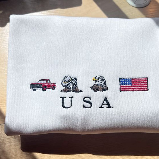 USA Embroidered Sweatshirt, United States America Crewneck July 4th Sweatshirt