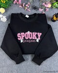Spooky Season Pink Glitter Ghost Embroidered Black Crewneck Sweatshirt