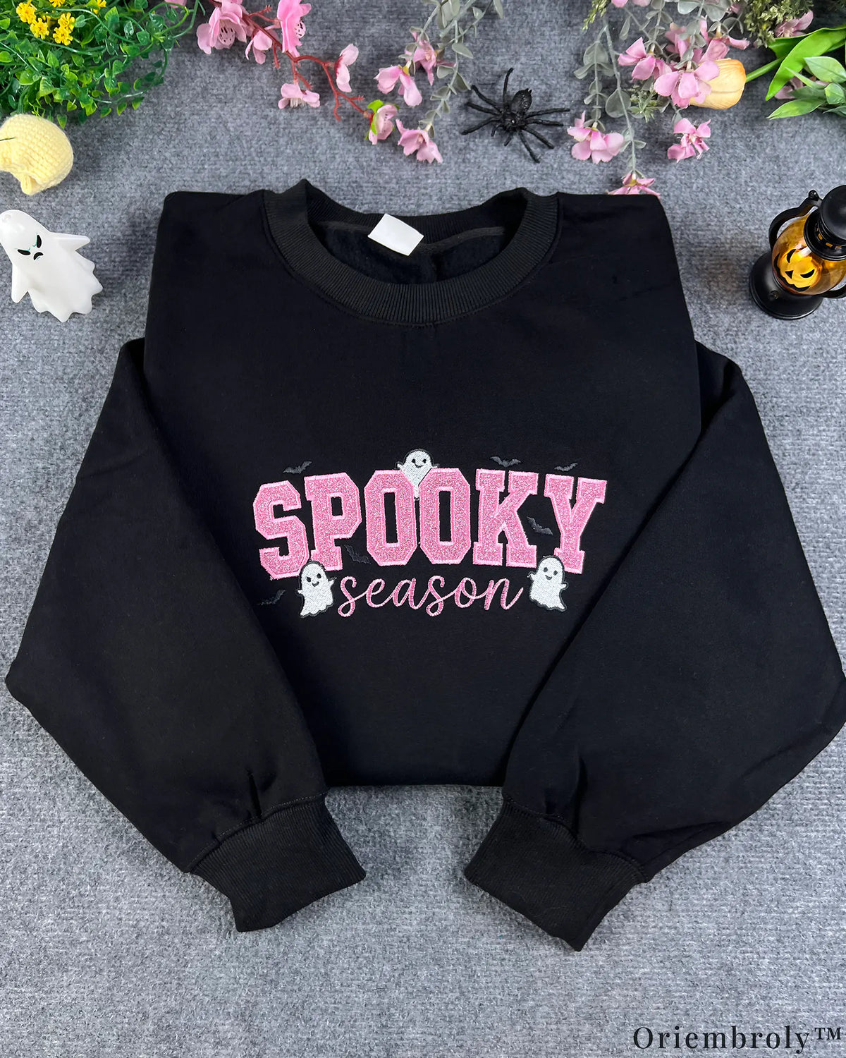 Spooky Season Pink Glitter Ghost Embroidered Black Crewneck Sweatshirt