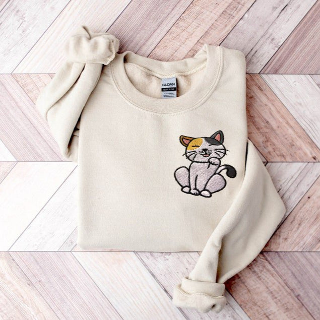 Cute Cat embroidered Sweatshirt, Cat Mom, Cat Dad, Crewneck Sweatshirt - Oriembroly LLC