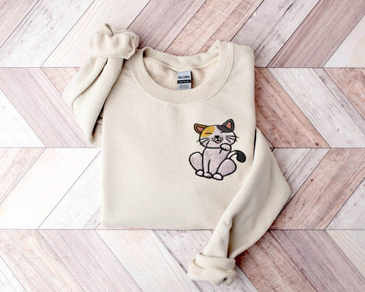 Cute Cat embroidered Sweatshirt, Cat Mom, Cat Dad, Crewneck Sweatshirt