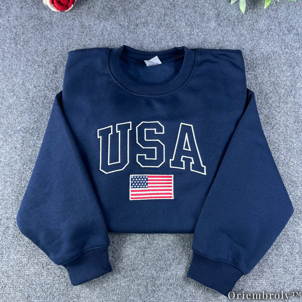 Patriotic USA Embroidered Hoodie - American Flag Varsity