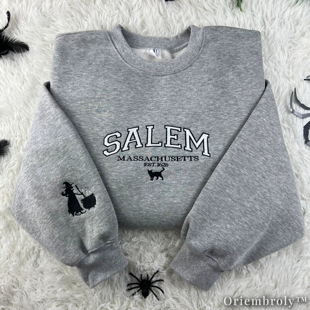 Salem Massachusetts Embroidered Sweatshirt – Witchy Varsity Fleece Crewneck, Gothic Autumn Unisex Gift