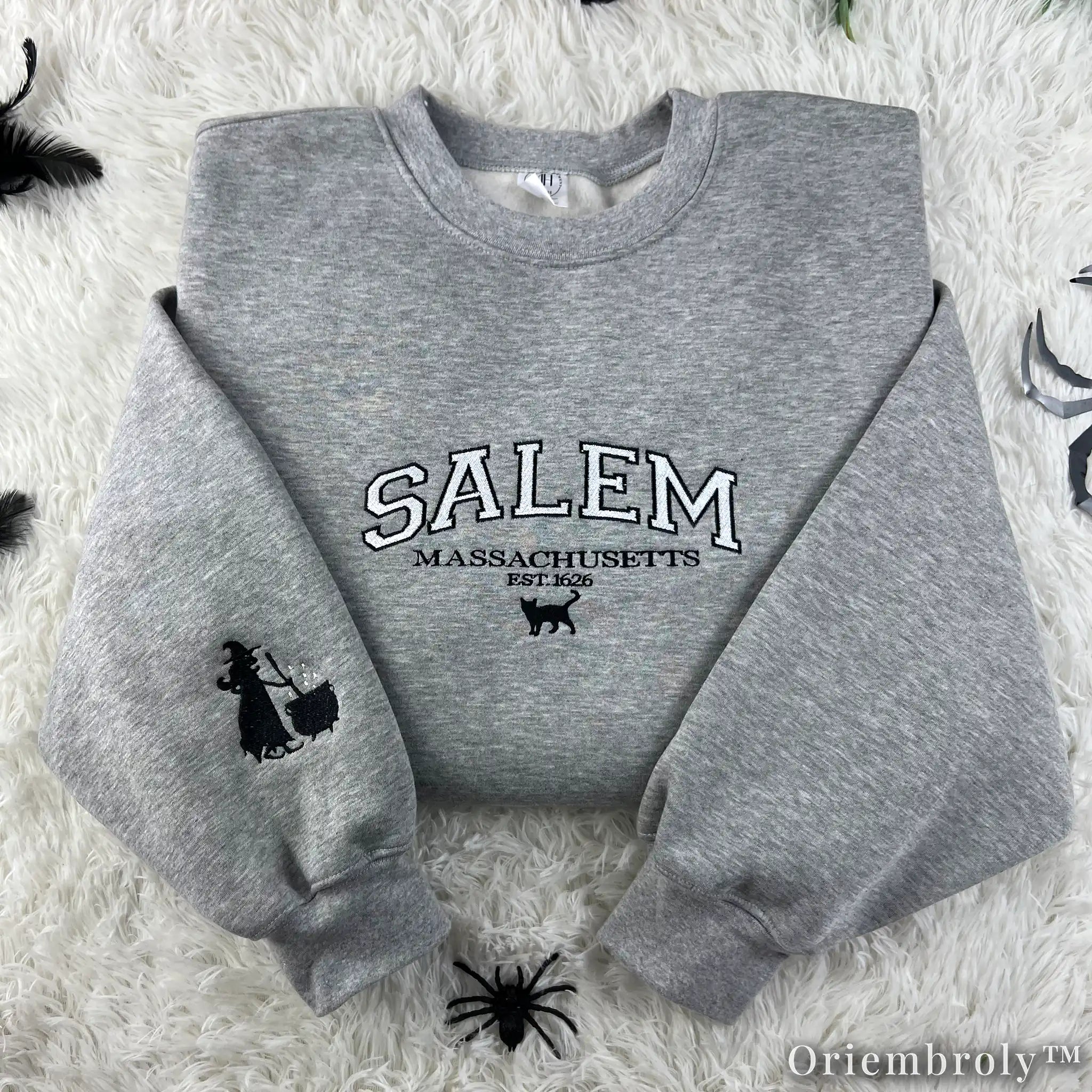 Salem Massachusetts Embroidered Sweatshirt – Witchy Varsity Fleece Crewneck, Gothic Autumn Unisex Gift