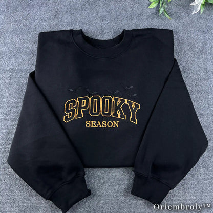Spooky Season Embroidered Sweatshirt – Varsity Halloween Fleece Crewneck, Cozy Unisex Fall Pullover