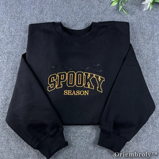 Spooky Season Embroidered Sweatshirt – Varsity Halloween Fleece Crewneck, Cozy Unisex Fall Pullover