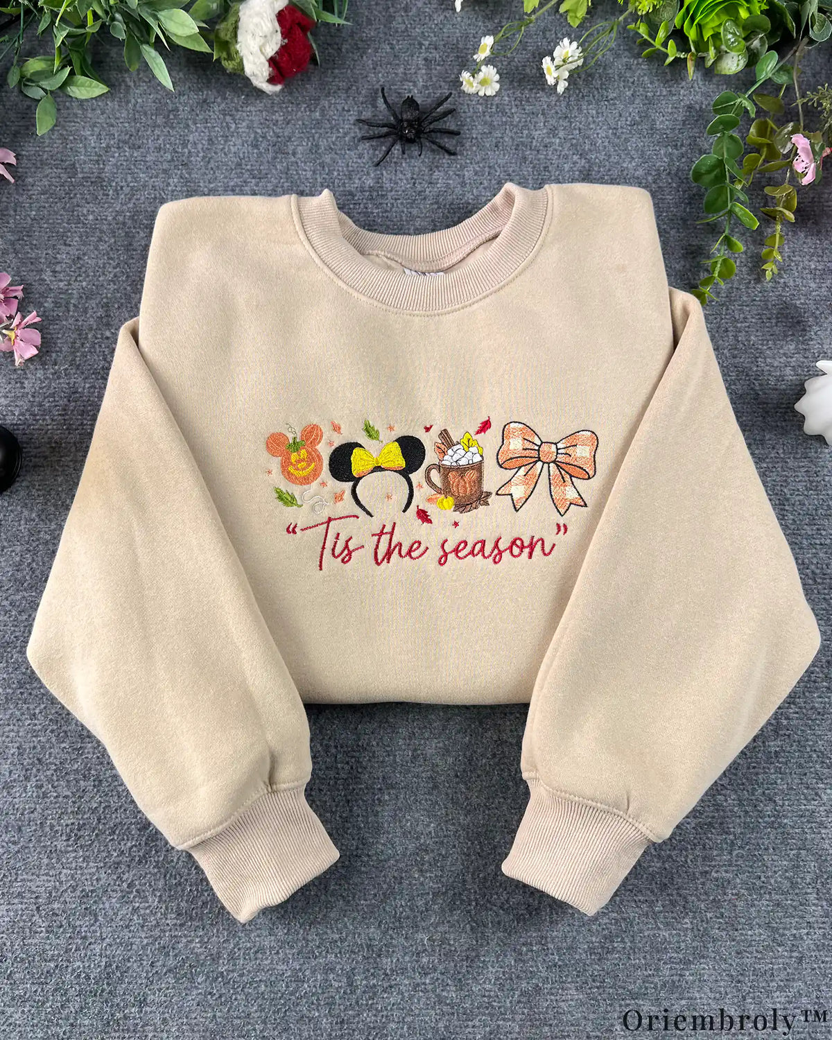 Tis The Season Mickey Pumpkin Minnie Ears Embroidered Beige Crewneck Sweatshirt