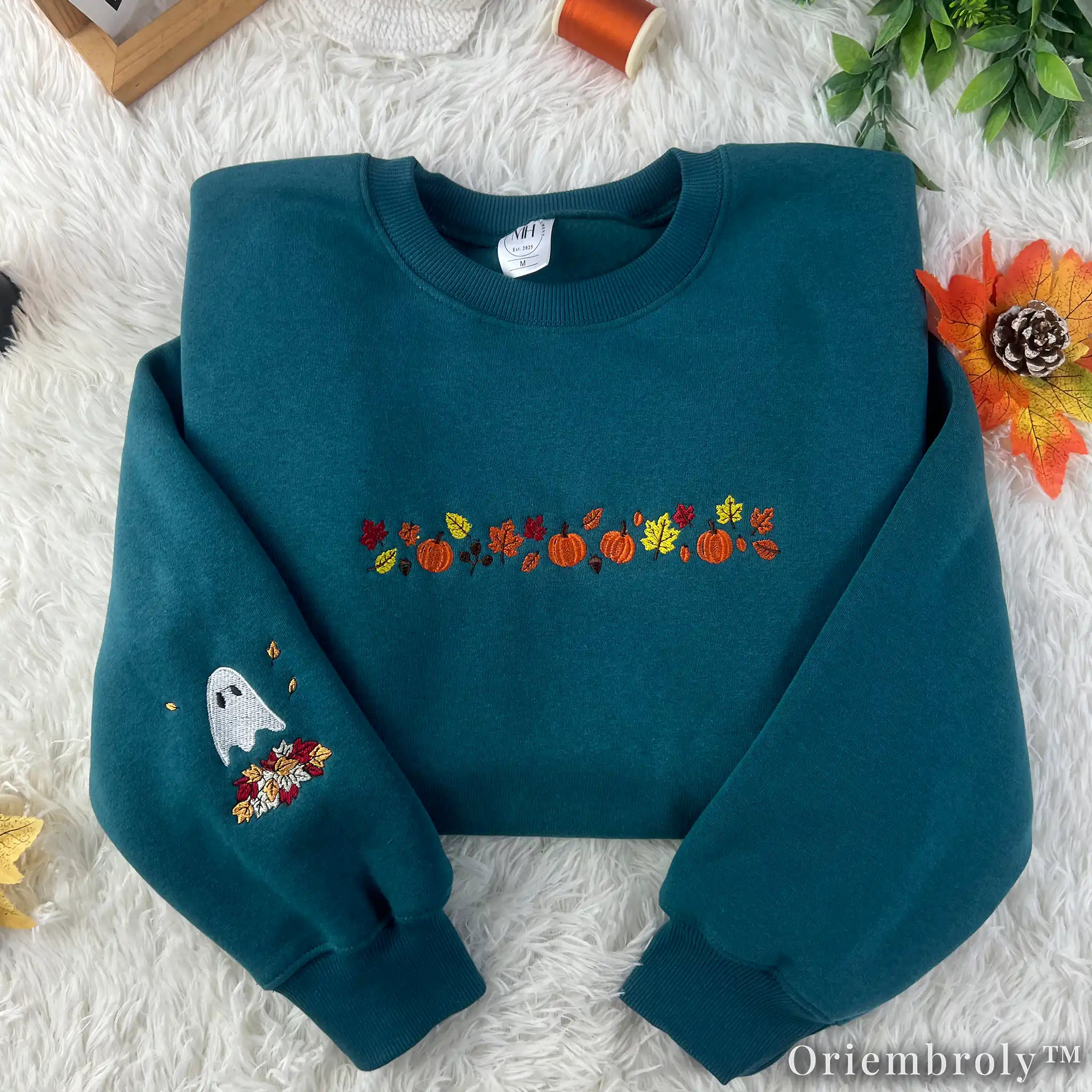 Autumn Harvest Embroidered Sweatshirt – Pumpkin Patch Ghost Fleece Crewneck