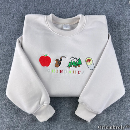 Chihuahua Rebus Puzzle Sweater - Apple Sax Mountain Burrito